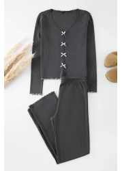 Trendyol Collection Ribbed Knitted Pajamas Set - Anthracite, Cotton, Lace and Bow Detail Thmaw25Pt00206