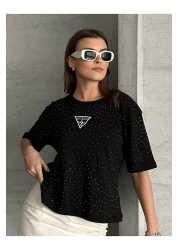 MODA تي شيرت بلوزة حجرية سوداء بأكمام قصيرة