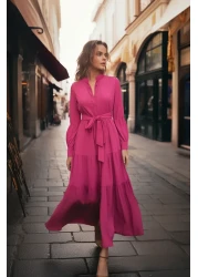 Trendyol Modest فستان منسوج بحزام وأزرار وطية صدر باللون الوردي الداكن TCTSS21EL3343