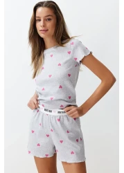 Trendyol Collection Heart-Printed Grey Melange Slogan Pajama Shorts Set - THMSS24PT00220