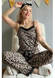 Pijamaevi Brown Leopard Printed Lace String Strap Knitted Women's Pajama Set