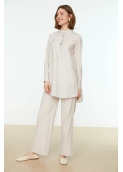 Trendyol Modest Cream Half Hidden Placket Shoulder Detailed Tunic-Pants Woven Set TCTSS22US0098