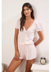 Trendyol Collection Pink Lace and Rose Accessory Illegal Ribbed Shorts Knitted Pajama Set