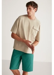 GRIMELANGE Artur Men's Thick Special Textured Fabric Beige T-shirt with Pockets