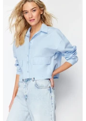 Trendyol Collection Blue Woven Crop Shirt - Pocket Detail, Regular Fit TWOSS24GO00098