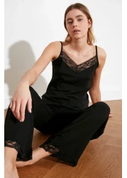 Trendyol Collection Viscose Knitted Black Lace Pajamas Set - Rope Strap, Ribbon/Bow Detail Thmss20Pt0134