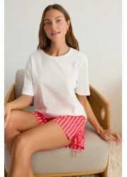Trendyol Collection White-Pink 100% Cotton Striped Lacing Detail Shorts Knitted Pajamas Set Thmss25Pt00145