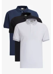 AC&Co / Altınyıldız Classics Men's Slim Fit Polo Collar T-Shirt Set of 3 - Black, White, Navy Blue, Non-Shrink Cotton