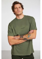 GRIMELANGE River Men's - Embroidery Detailed Oversize Khaki T-Shirt 100% Organic Cotton