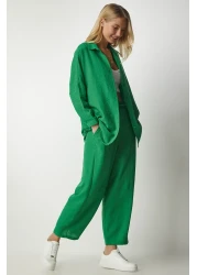 Happiness İstanbul Women's Green Linen Shirt Baggy Trousers Set DZ00080