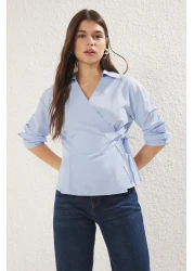 Trendyol Collection Blue Double Breasted Closure Lacing Detail Regular Regular Fit Woven Shirt Twoss25Go00029