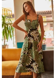 Olalook Women's Green Zippered Big Palm Pattern Dress ELB-19000615