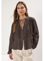 Trendyol Collection Brown Cotton Regular Fit Woven Shirt with Lace on the Sleeve