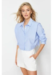 Trendyol Collection Blue Stoned Crop Woven Shirt with Padded Sleeves TWOSS24GO00041