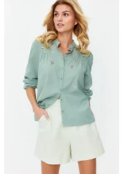 Trendyol Collection Green Floral Embroidery - Embroidery Detailed Regular Shirt TWOSS23GO00152