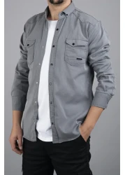 bombe Slim Fit Men's Gray Cotton Denim Shirt