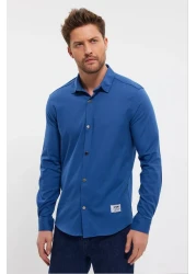 DeepSea Navy Blue Slim Fit Lycra Men's Shirt - Long Sleeve, Snap Fastener2403013
