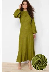 Trendyol Modest فستان منسوج من قماش الجاكار الكاكي مزين بالزهور TCTSS24EB00064