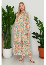 Trendyol Modest فستان منسوج برتقالي مزين بالزهور بنصف فتحة وحاشية مكشكشة ومبطن TCTSS21EL3353