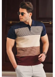 Madmext Color Blocked Navy Blue Polo Neck Men's T-Shirt 9280