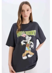Defacto تي شيرت Cool Looney Tunes كبير الحجم ذو رقبة دائرية وأكمام قصيرة D9129ax25sm