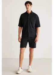GRIMELANGE Umberto Men's Special Rustic Fabric Textured Relaxed Fit Navy Blue Shirt