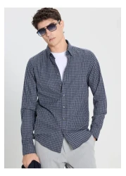 Altınyıldız Classics Altınyıldız Classics Navy Blue-Grey Men's Shirt - Button-Down Collar, Comfort Fit Ace 202510055