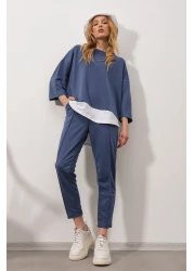 Trend Alaçatı Stili Women's Blue Wide Collar Elastic Waist Double Pocket Front Stitching Two Thread Bottom Top Suit ALC-X8175