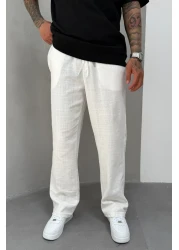MADZEYMODA White Baggy Fit Men's Linen Trousers Ke-7014
