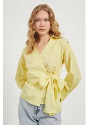 Arma Life Women's Side Tie Double Breasted Collar Tight Yellow Blouse