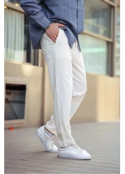 1blood White Color Men's Summer Linen Blend Relaxed Trousers - White
