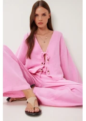 Happiness İstanbul Women's Pink Lacing Detailed Muslin Bottom-Top Set Bv00171