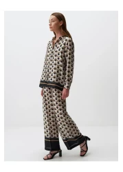 Jimmy Key High Waist Ecru Satin Trousers - Geometric Pattern