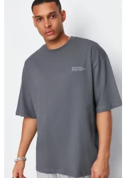 Trendyol Collection Oversize Anthracite Crew Neck Printed T-Shirt - 100% Cotton TMNSS23TS00084