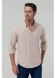 D'S Damat Beige Slim Fit Oxford Cotton Shirt - Easy Ironing, Buttoned Collar and Embroidery Detail