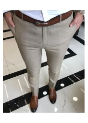 TerziAdemAltun Italian Cut Slim Fit Men's Striped Trousers Camel T9450