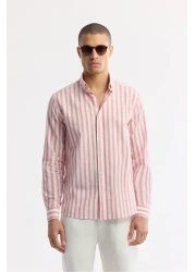Avva Men's Red Comfort Fit 100% Cotton Button Collar Linen Textured Striped Shirt A51Y2167