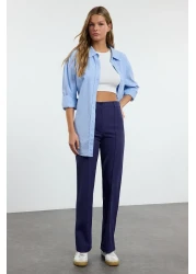 Trendyol Collection أزرق داكن قصة مستقيمة عالية الخصر مضلع مخيط بنطلون منسوج TWOSS21PL0093