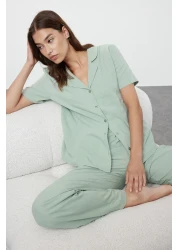 Trendyol Collection طقم بيجامة قطن 100% بالنعناع - THMSS24PT00401