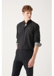 Avva Men's Black Seersucker Cotton Plaid Patterned Shirt A31Y2214