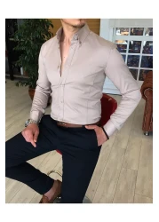 TerziAdemAltun Italian Style Slim Fit Stand Collar Satin Men's Shirt Beige T4751