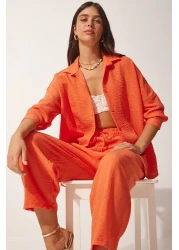 Happiness İstanbul Women's Orange Linen Shirt Baggy Trousers Set DZ00080
