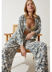 Happiness İstanbul Women's Bone Gray Patterned Kimono Palazzo Trousers Set EN00614