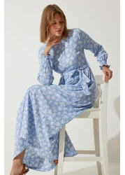 Happiness İstanbul Women's Sky Blue Floral Summer Long Knitted Dress DD01322