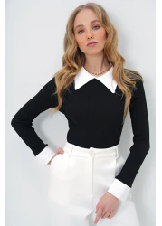 Trend Alaçatı Stili Black Shirt Collar Block Color Camisole Women's Blouse - Alc-X13511