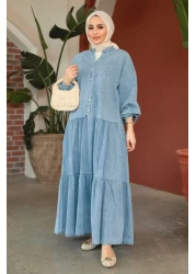 Neva Style فستان جينز حجاب أزرق بأزرار 10622M