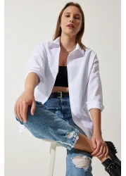 Happiness İstanbul Women's White Oversize Long Basic Shirt DD00842