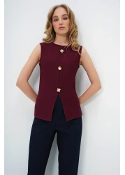 Trend Alaçatı Stili Women's Burgundy Crew Neck Gold Buttoned Ottoban Blouse Alc-X13729