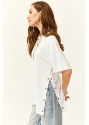 Olalook Women's White Cotton T-Shirt with Gold Buttons on the Sides TSH-19000762