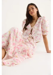 Bianco Lucci Women's Floral Patterned Tie Detailed Blouse Skirt Lined Muslin Top-Top Set 1029 60283406